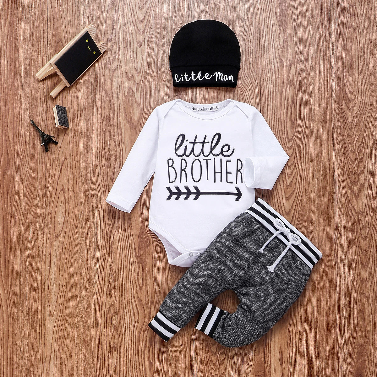 Baby Boy Cotton Set - Long Sleeve Romper Pant & Hat Outfit - 3Pcs