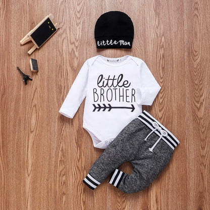 Baby Boy Cotton Set - Long Sleeve Romper Pant & Hat Outfit - 3Pcs