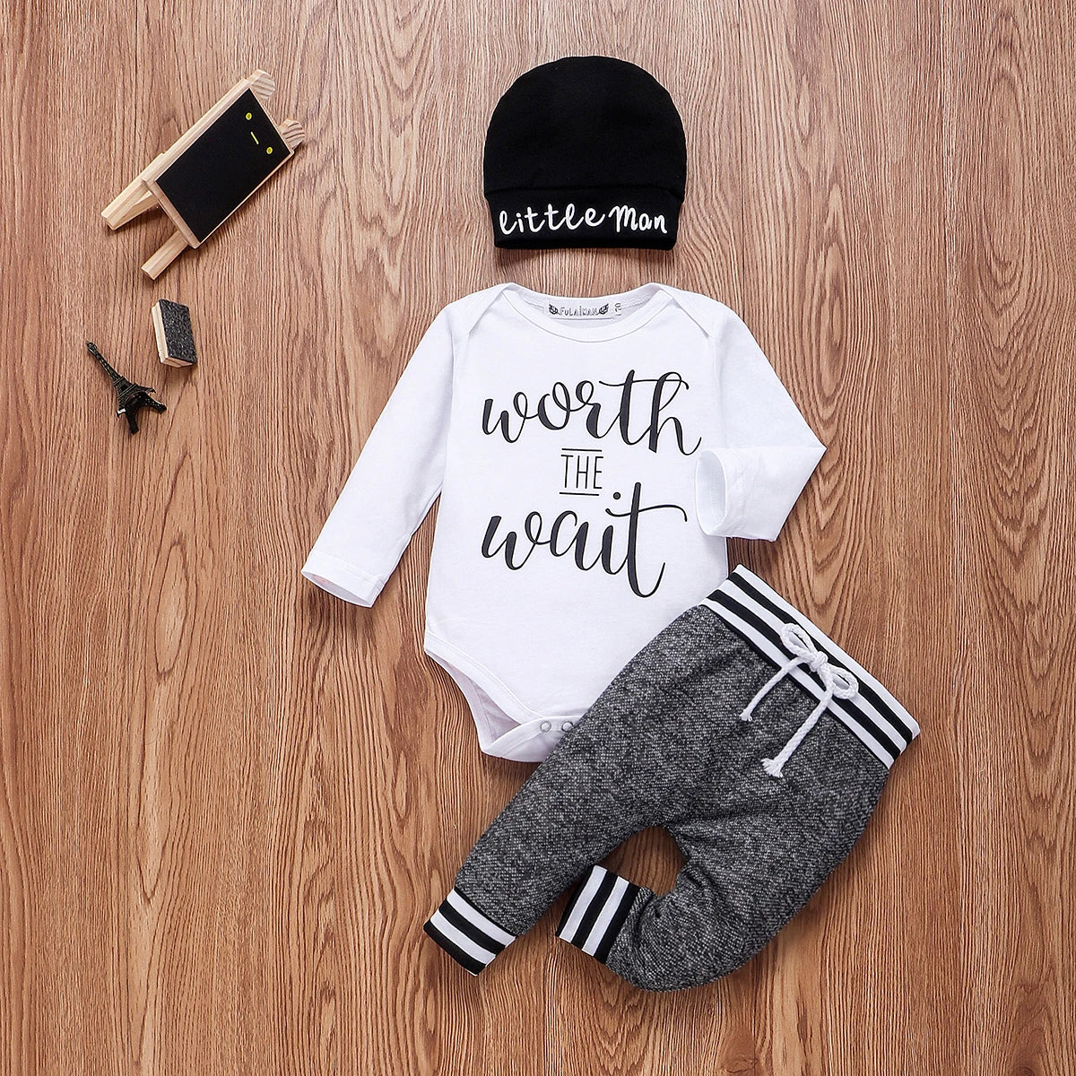 Baby Boy Cotton Set - Long Sleeve Romper Pant & Hat Outfit - 3Pcs