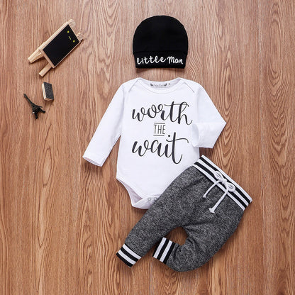 Baby Boy Cotton Set - Long Sleeve Romper Pant & Hat Outfit - 3Pcs