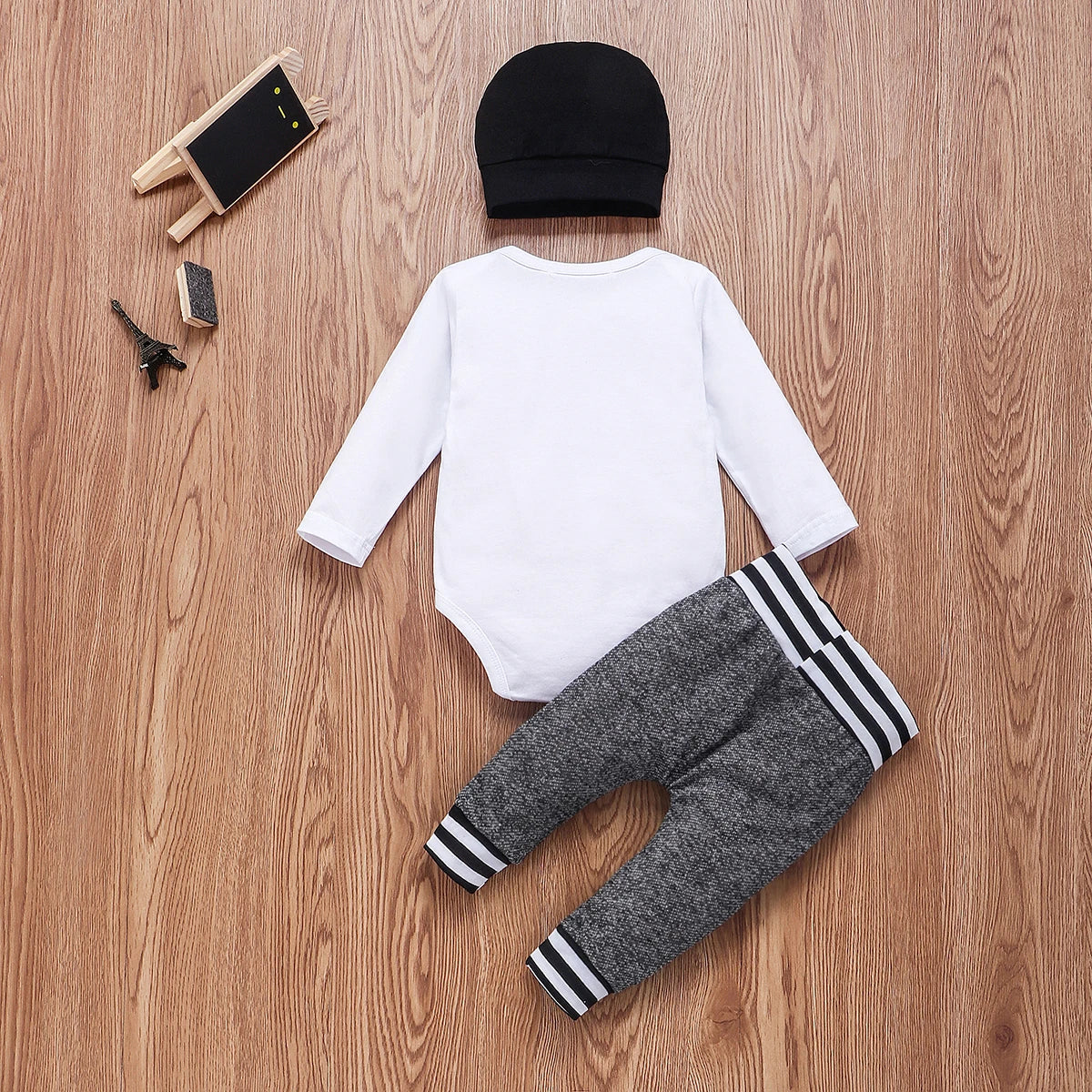 Baby Boy Cotton Set - Long Sleeve Romper Pant & Hat Outfit - 3Pcs