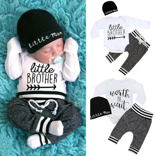 Baby Boy Cotton Set - Long Sleeve Romper Pant & Hat Outfit - 3Pcs