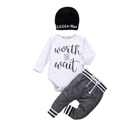 Baby Boy Cotton Set - Long Sleeve Romper Pant & Hat Outfit - 3Pcs