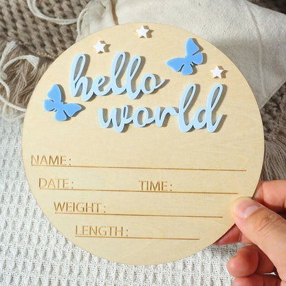 Hello World Wooden Baby Announcement Sign - Butterflies