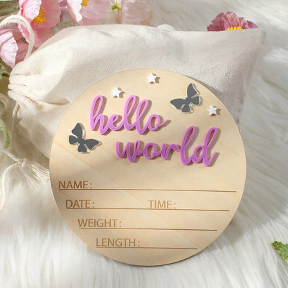 Hello World Wooden Baby Announcement Sign - Butterflies