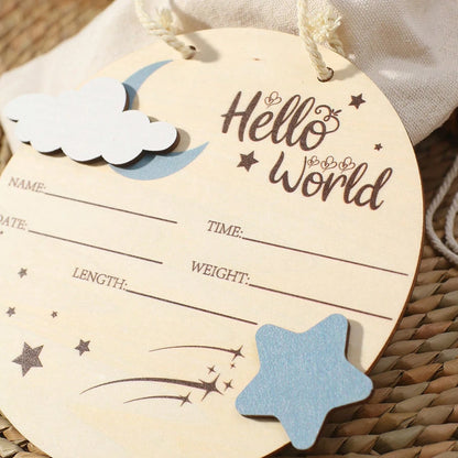 Hello World Hanging Wooden Birth Announcement Sign - Stars & Clouds