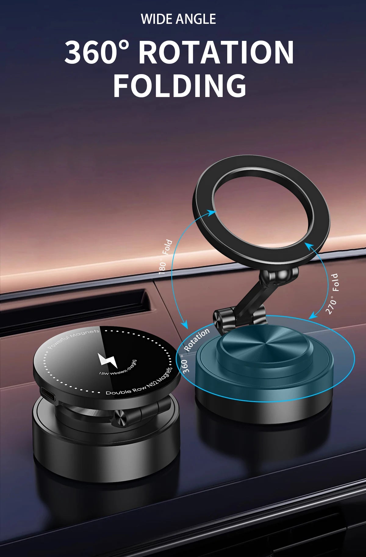 Double Sided Car Phone Holder Magnetic Vacuum with Wireless Charger 360 degree