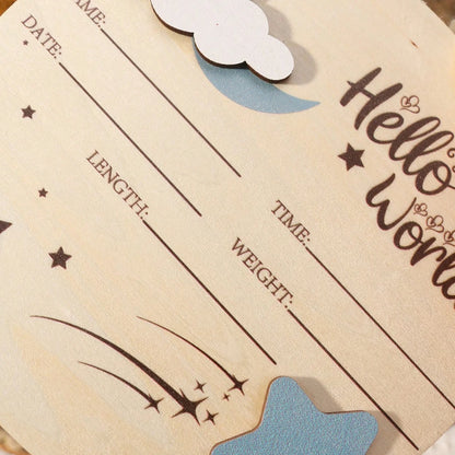Hello World Hanging Wooden Birth Announcement Sign - Stars & Clouds