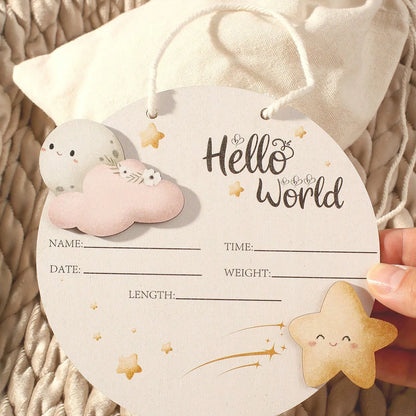 Hello World Hanging Wooden Birth Announcement Sign - Stars & Clouds