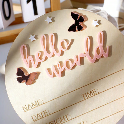 Hello World Wooden Baby Announcement Sign - Butterflies