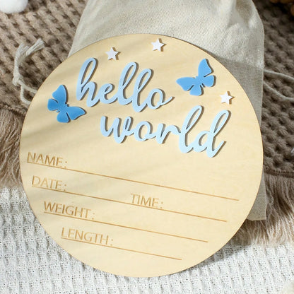 Hello World Wooden Baby Announcement Sign - Butterflies