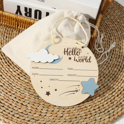 Hello World Hanging Wooden Birth Announcement Sign - Stars & Clouds