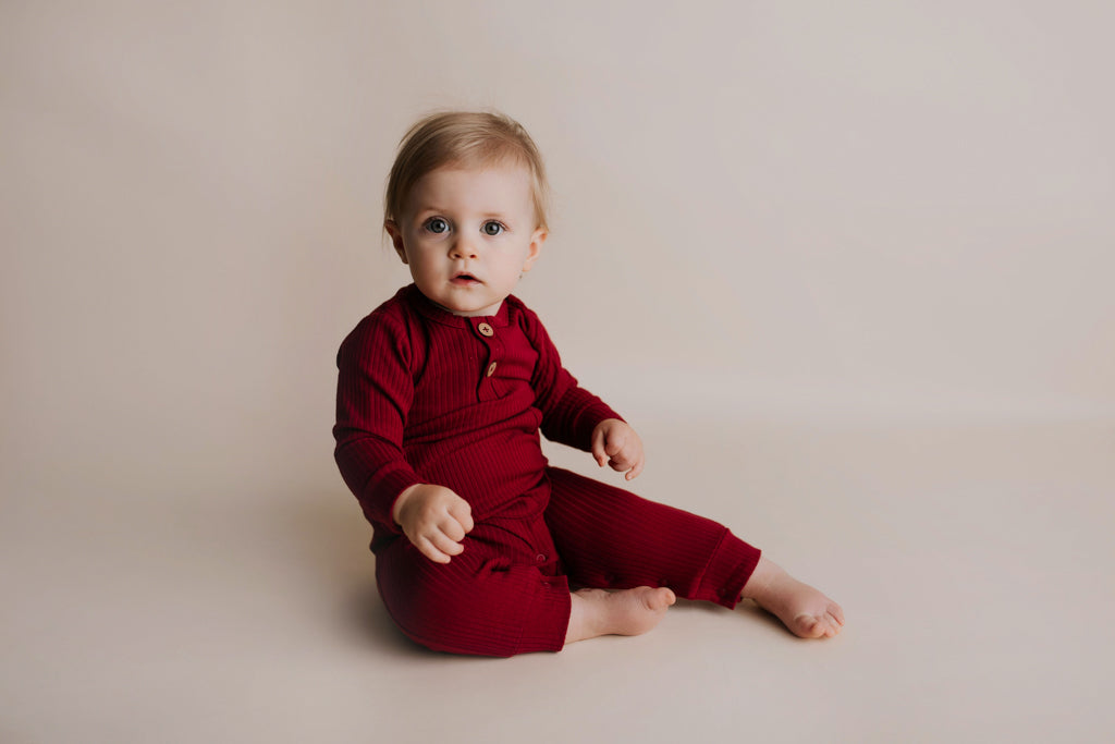 Ruby Red Baby Ribbed Playsuit with pockets