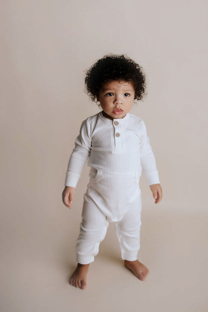 White Baby Ribbed Playsuit with pockets