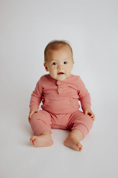 Precious Pink Baby Ribbed Playsuit with pockets