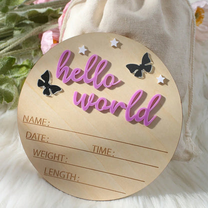 Hello World Wooden Baby Announcement Sign - Butterflies