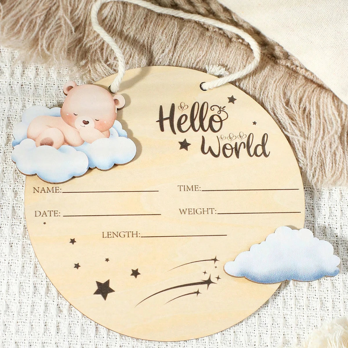 Hello World Hanging Wooden Birth Announcement Sign - Stars & Clouds