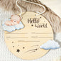 Hello World Hanging Wooden Birth Announcement Sign - Stars & Clouds