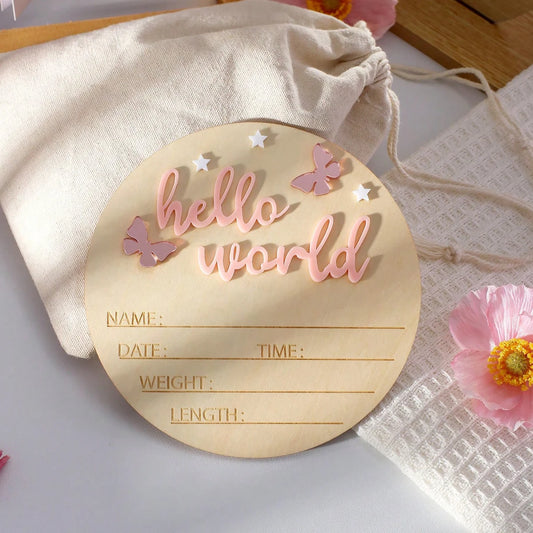 Hello World Wooden Baby Announcement Sign - Butterflies
