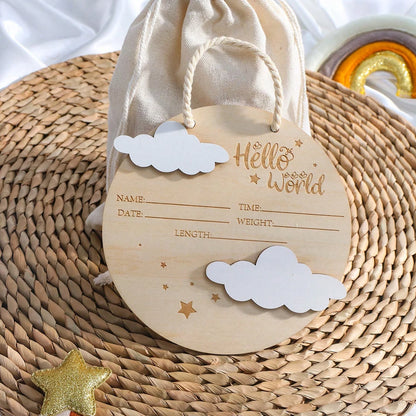 Hello World Hanging Wooden Birth Announcement Sign - Stars & Clouds