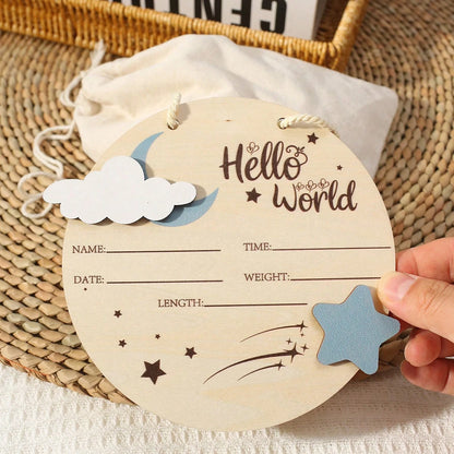 Hello World Hanging Wooden Birth Announcement Sign - Stars & Clouds
