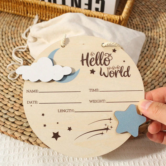 Hello World Hanging Wooden Birth Announcement Sign - Stars & Clouds