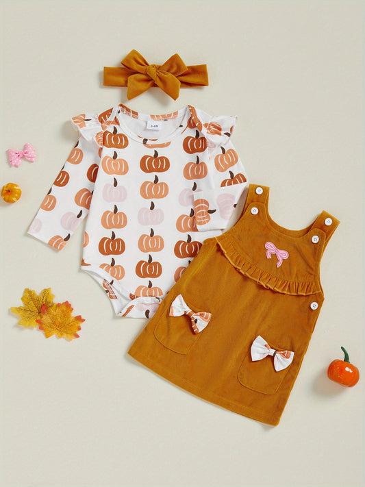 Baby Girl's 3pcs Pumpkin Patch Print Long-Sleeve Jumpsuit with Corduroy Vest Dress & Bow Headband