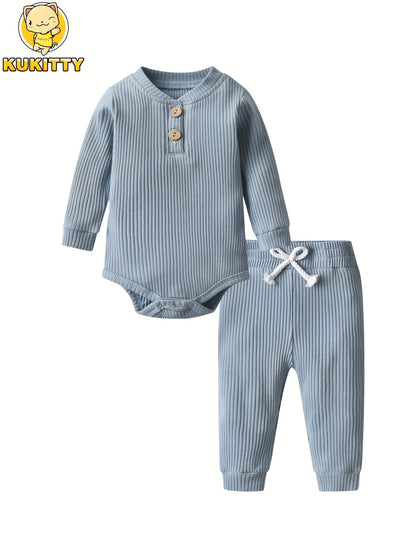 Long Sleeve Solid Color Ribbed Bodysuit And Pants Set