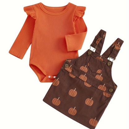 2pcs Pumpkin Baby Girl Romper And Corduroy Skirt