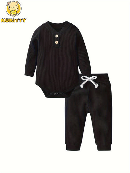 Long Sleeve Solid Color Ribbed Bodysuit And Pants Set
