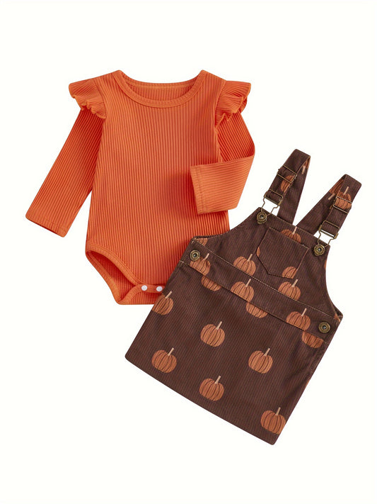 2pcs Pumpkin Baby Girl Romper And Corduroy Skirt