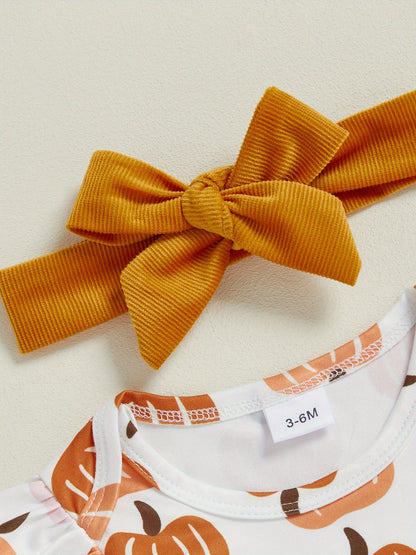 Baby Girl's 3pcs Pumpkin Patch Print Long-Sleeve Jumpsuit with Corduroy Vest Dress & Bow Headband