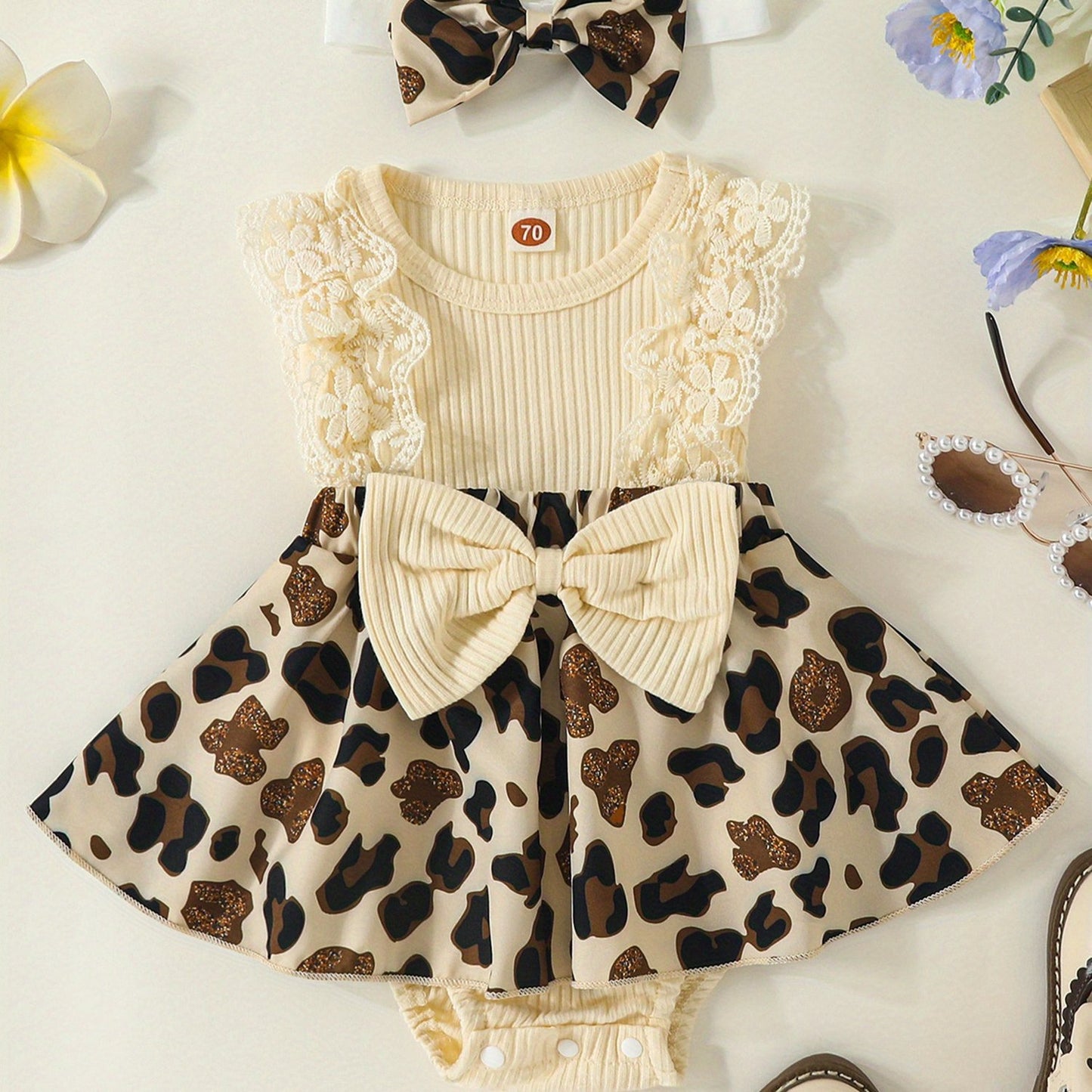 Baby Girl 2pcs Leopard Print Romper Dress with Headband