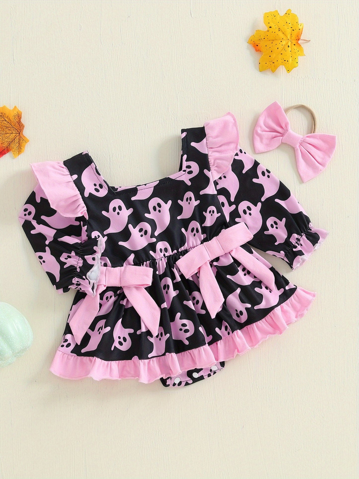 Baby Girl Halloween Romper Dress with Pumpkin & Ghost Pattern
