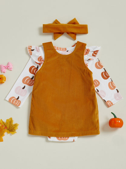 Baby Girl's 3pcs Pumpkin Patch Print Long-Sleeve Jumpsuit with Corduroy Vest Dress & Bow Headband