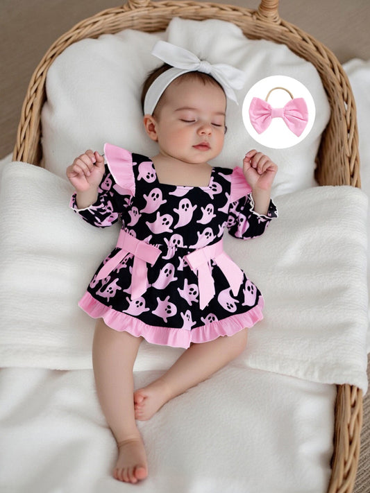Baby Girl Halloween Romper Dress with Pumpkin & Ghost Pattern