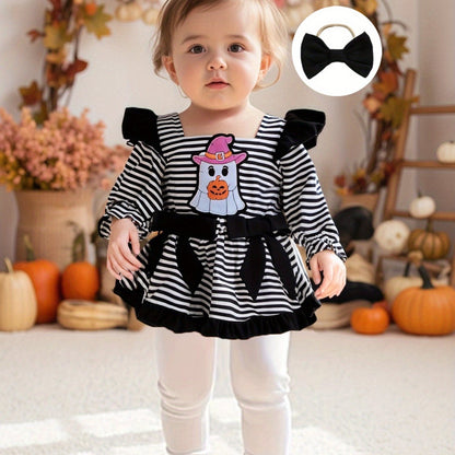 Baby Girl Halloween Romper Dress with Pumpkin & Ghost Pattern