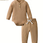 Long Sleeve Solid Color Ribbed Bodysuit And Pants Set