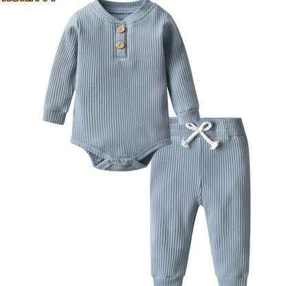 Long Sleeve Solid Color Ribbed Bodysuit And Pants Set